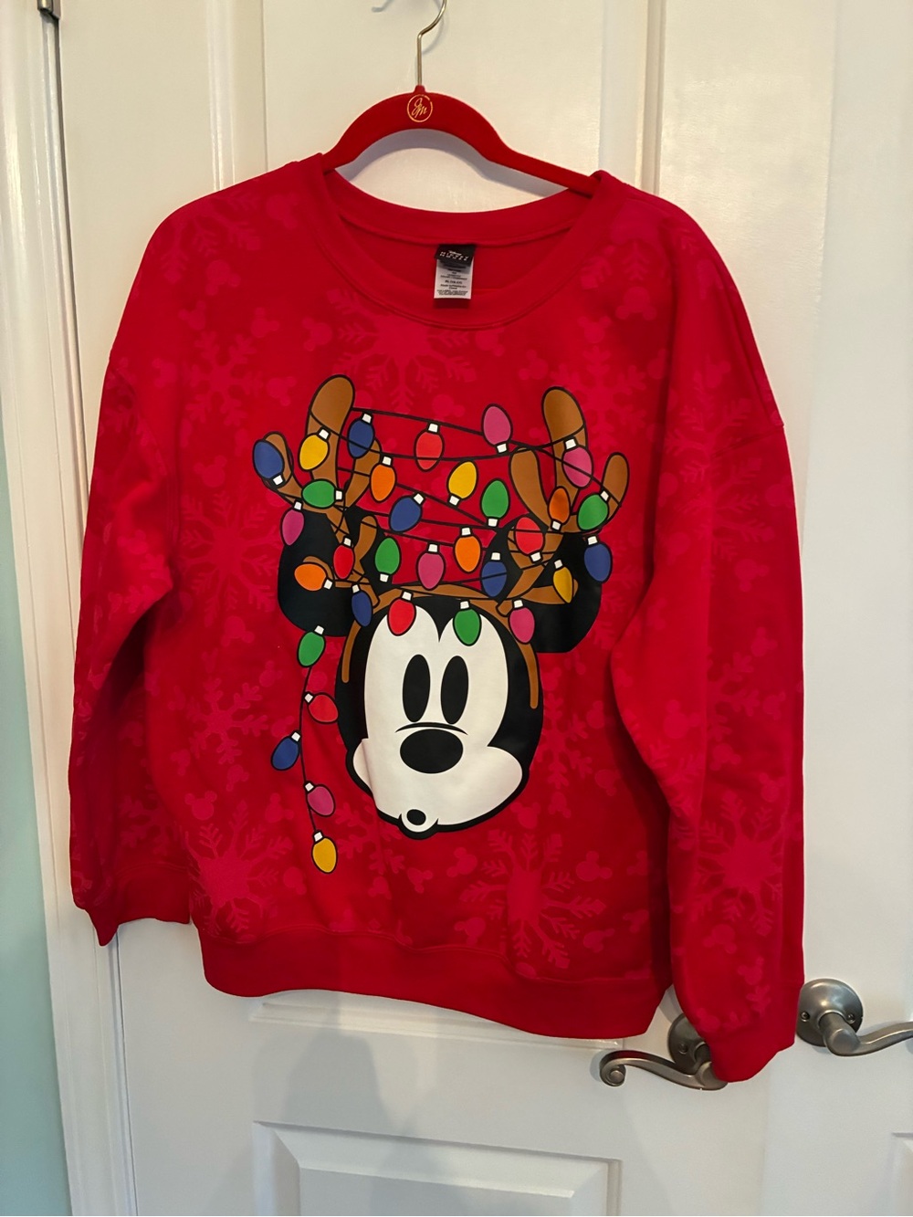 Disney Red Mickey Mouse Crewneck Sweatshirt with Holiday Lights XL (15-17)